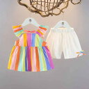 セットアップ 女の子 キッズ ベビー 夏 ショートパンツ ジャンパースカート キャミソールワンピース レインボー ストライプ 2点セット プリンセス風 おしゃれ カジュアル 薄手 綿 コットン