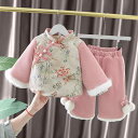 チャイナドレス風 中綿コート セットアップ 女の子 キッズ 秋冬 裏起毛 厚手 綿 ピンク レトロ 上下セット 普段使い お出かけ 通園 通学