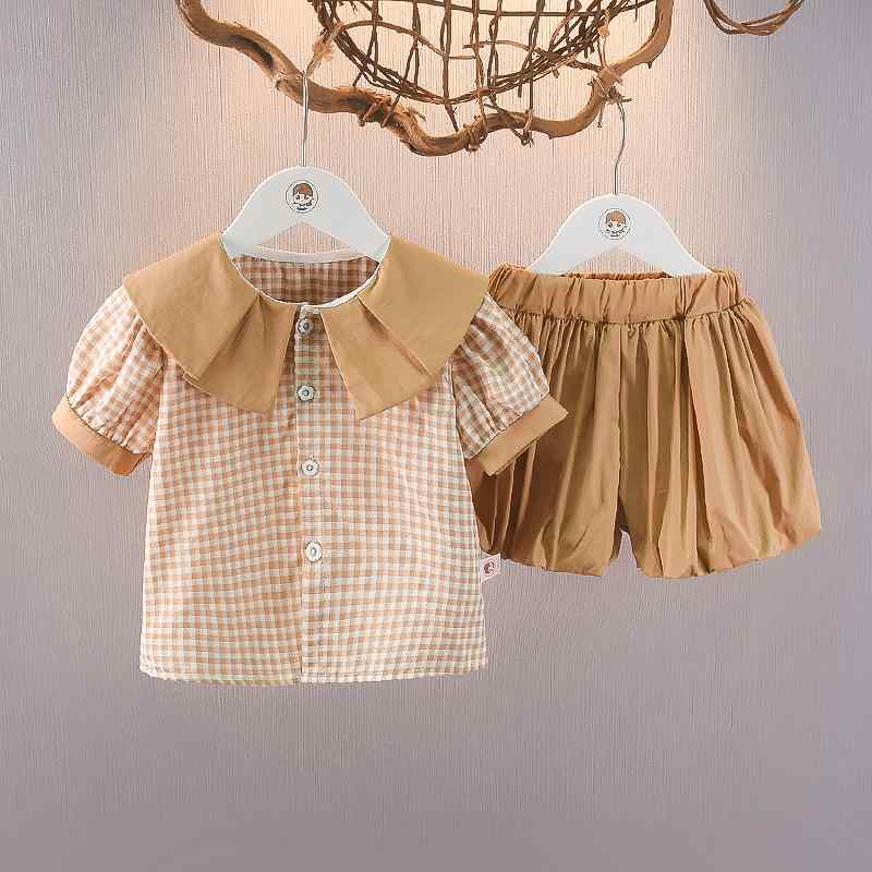 キッズ 女の子 ベビー 半袖 Tシャツ ショートパンツ 上下セット 夏 普段使い お出かけ ルームウェア チェック柄 カジュアル 綿 薄手 柔らかい チョコレート