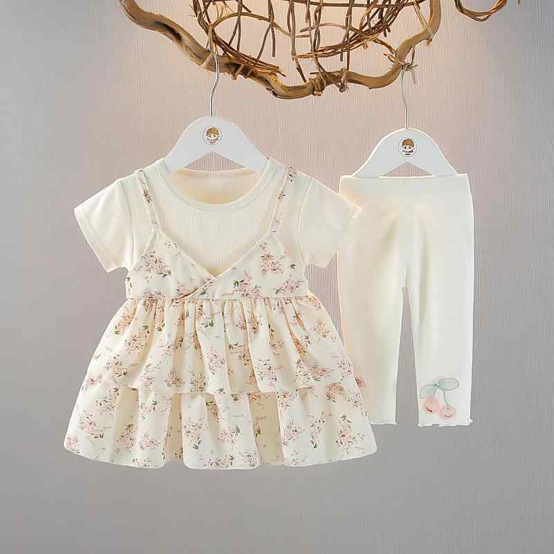 ワンピース 女の子 ベビー服 フェイクサロペット風 重ね着風 2点セット 半袖 小花柄 プリンセス 綿 コットン 薄手 夏 キッズ 子供服 お出かけ カジュアル かわいい