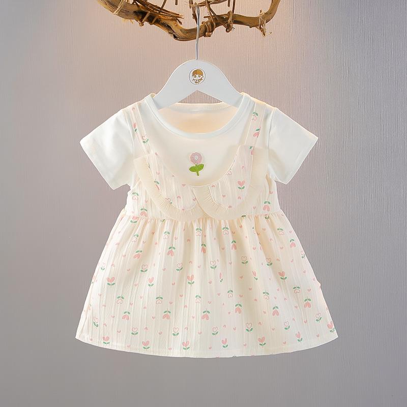 ワンピース 女の子 ベビー キッズ 女児 1歳 2歳 3歳 半袖 フェイクサロペット プリンセスライン 綿 コットン Aライン フレア 無地 春夏 夏服 ピンク オレンジ パープル