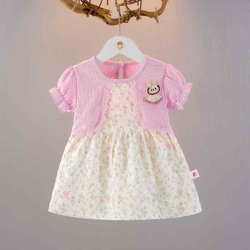 ワンピース ベビー 女の子 夏服 プリンセスドレス フェイクツーピース 半袖 綿 Aライン フレアスカート..