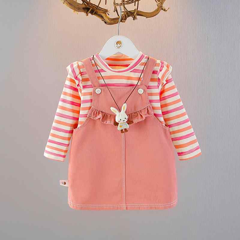 女の子 ジャンパースカート キッズ ベビー ツーピース セットアップ ストライプ柄 長袖 サロペットスカート 綿 コットン カジュアル おしゃれ 春秋 お出かけ 普段使い ピンク パープル