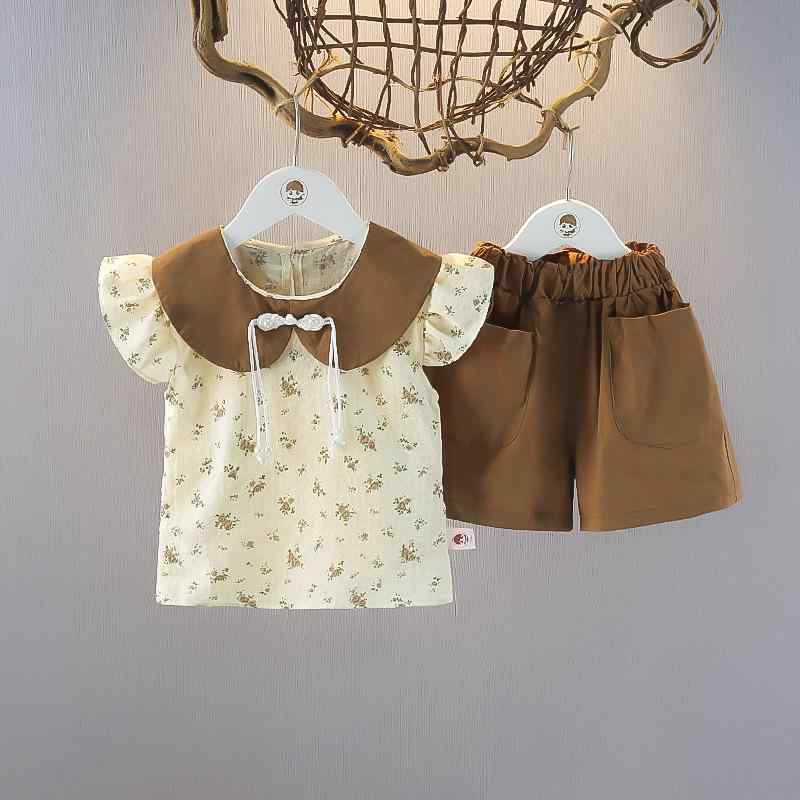 子供服 女の子 ベビー 半袖 小花柄 ショートパンツ 綿 コットン 薄手 夏 カジュアル 普段使い チョコレート ツーピース セットアップ