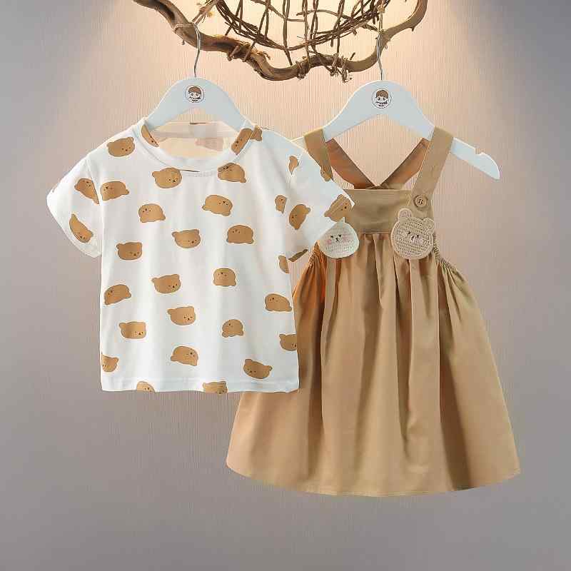 セットアップ ベビー 女の子 半袖 Tシャツ サロペットスカート 2点セット 夏 薄手 綿 コットン キャラクター カジュアル おしゃれ お出かけ 普段使い ダークカーキ 1歳 2歳 3歳