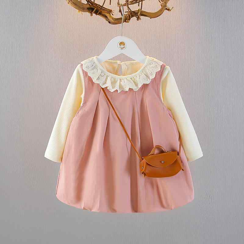 ワンピース ベビー 女の子 おしゃれ かわいい プリンセスドレス セットアップ 春秋 コットン 長袖 無地 ピンク ブラウン ツーピース お出かけ カジュアル