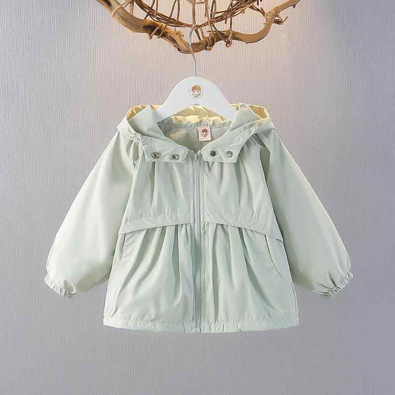 コート 女の子 ベビー トレンチコート 春秋 アウター フード付き ショート丈 ジップアップ ポリエステル ライトグリーン アプリコット 無地 カジュアル 通園...