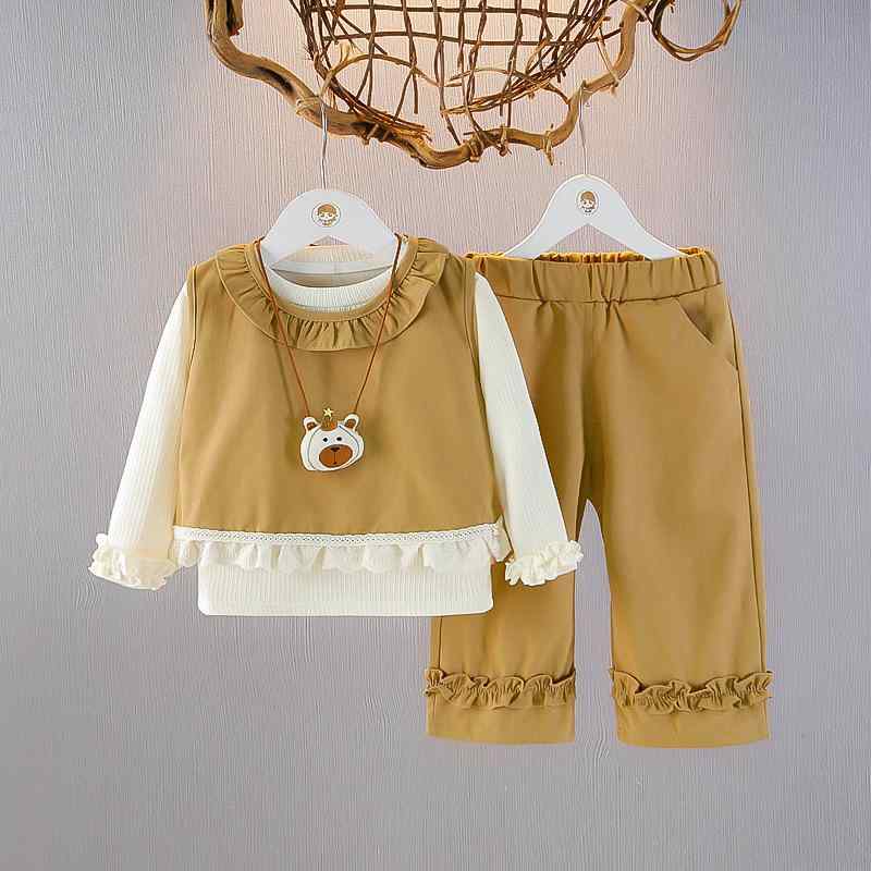 ベビー服 女の子 ガールズ セットアップ 三点セット 春秋 ナチュラル お出かけ着 普段使い カジュアル おしゃれ トレンド 長袖 長ズボン コットン