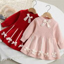 ワンピース 女の子 ニット リボン プリンセスライン Aライン 長袖 秋冬 かわいい 子供服 お出かけ ポリエステル アクリル ピンク レッド