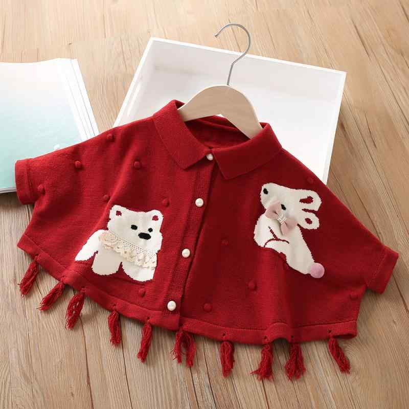 ニット カーディガン 女の子 キッズ 春秋 アウター かわいい キャラクター アニマル柄 ポンチョ ケープ..