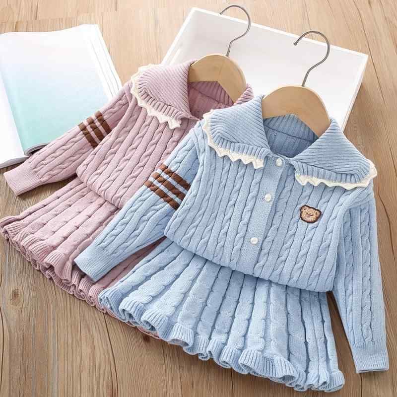 キッズ 女の子 ニット セットアップ 秋冬 学院風 プレッピー おしゃれ 長袖 ケーブル編み クマ柄 2点セ..