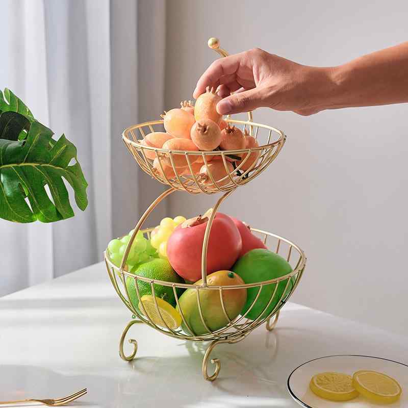 フルーツバスケット 2段式 北欧風 ステンレス製 リビング収納 多機能 おしゃれ ディスプレイ 見せる収納 家庭用 ブラック ゴールド 卓上 高級感 レトロモダン