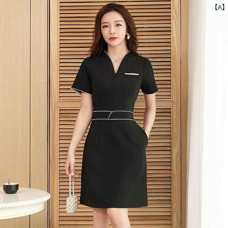 ユニフォーム レディース 美容 エステ ホテル 受付 事務服 リラクゼーション サロン ワンピース セットアップ 半袖 七分袖 細見え エレガント 吸湿速乾 伸縮性 ポリエステル ブラック ホワイト ピンク ネイビー