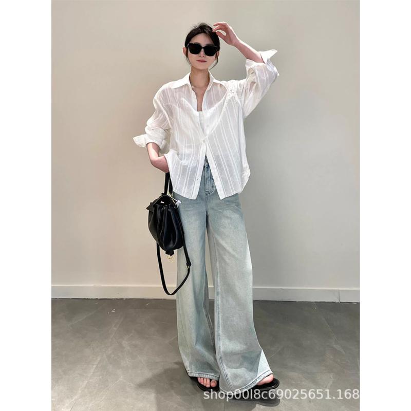 ブラウス レディース 女性用 ホワイト 長袖 ゆったり ポロ襟 透け感 UVカット イージーケア コットン素..