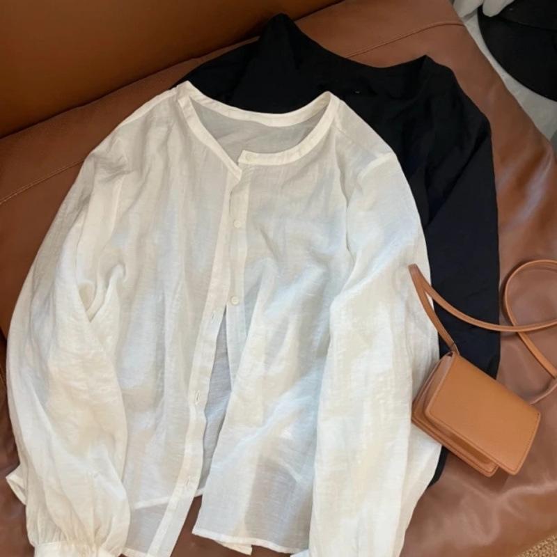 ブラウス 春夏 長袖 薄手 軽量 高級感 上品 エレガント 無地 シンプル UVカット ラウンドネック 通勤 オフィス 普段使い ホワイト