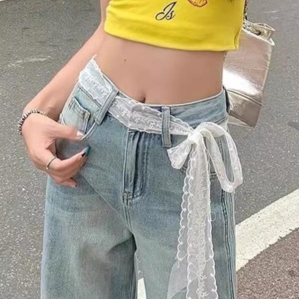 スカーフ レディース 韓国ファッション 春夏 細身 ロング リボン レース フリル ホワイト ナイロン フ..