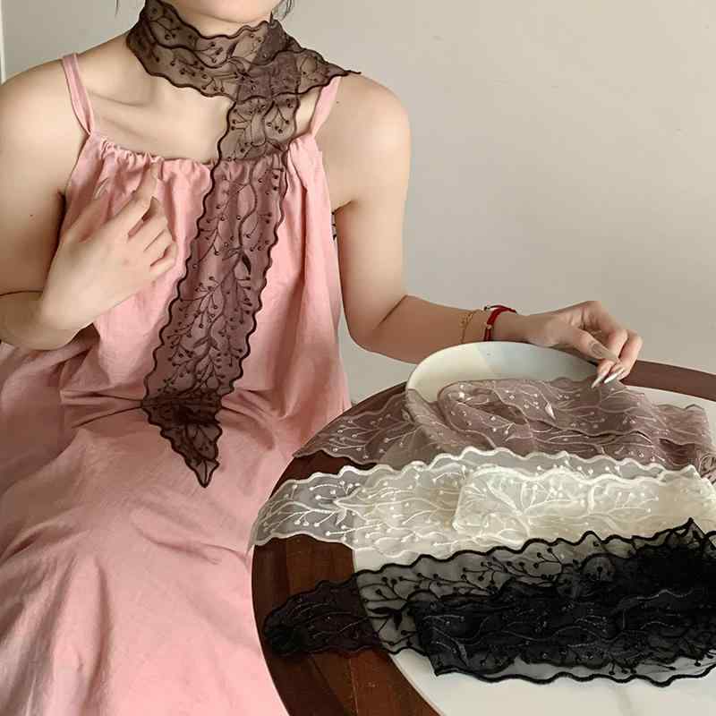 スカーフ レディース 細長 ロング 高級感 高見え 日韓系 フェミニン 甘め 刺繍 レース 春夏 シルク調 ..