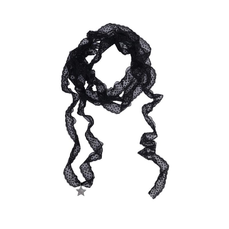 スカーフ レディース 春夏 ブラック ドット柄 レース 細身ロング ネックスカーフ リボンタイ フレンチ ..