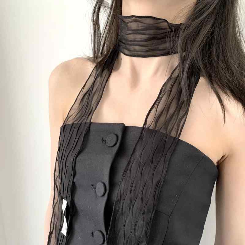 スカーフ レディース 韓国ファッション Y2K ストリート 個性的 細長 リボン レース シフォン テンセル ..