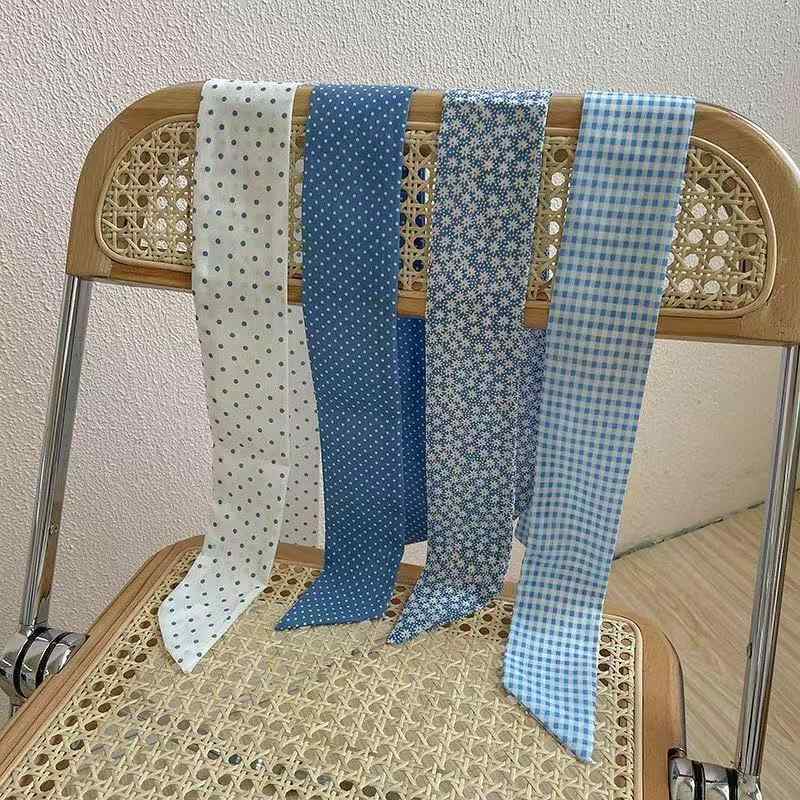 スカーフ レディース レトロ フレンチ シンプル 細長 ミニ 普段使い 春夏 ブルー系 ドット柄 チェック柄 花柄 幾何学模様 ヘアアクセサリー バッグ飾り リボン