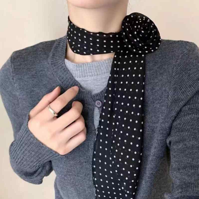 スカーフ 韓国 ブラック ロング ドット柄 バラ柄 薄手 軽量 ポリエステル ストール ショール ネッカチ..