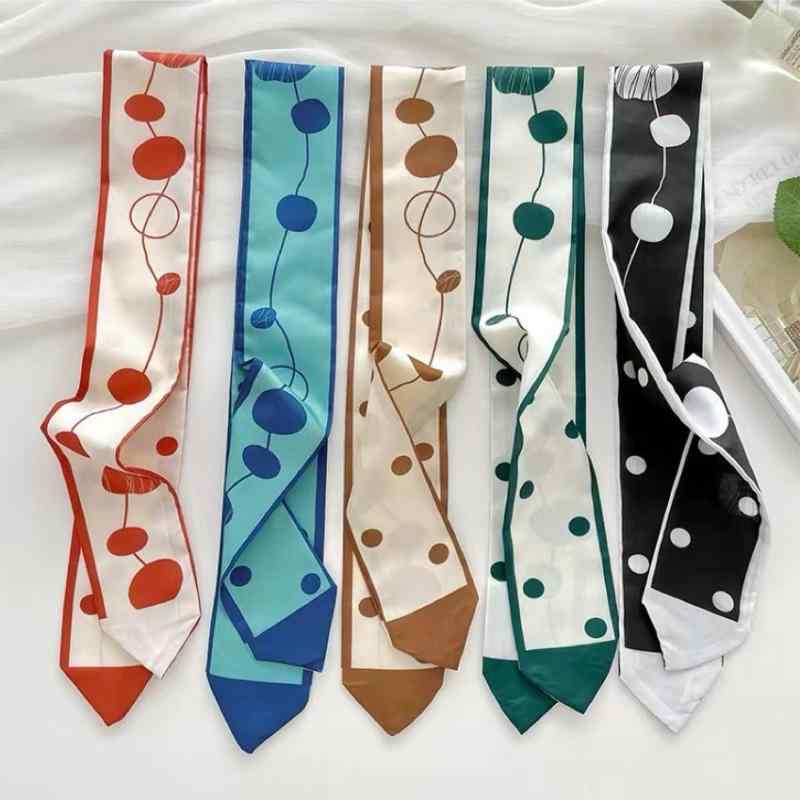 スカーフ レディース 春夏 細長い バッグチャーム ヘアアクセサリー 首元 多用途 無地 ドット柄 チェッ..