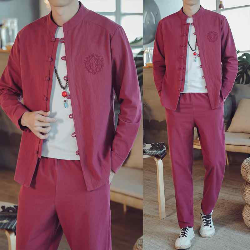 セットアップ メンズ 中華風 唐装 長袖シャツ ツーピース 綿麻 リネン混 リラックスフィット カジュアル 普段着 通気性 快適 秋冬 レトロ ヴィンテージ風 刺繡