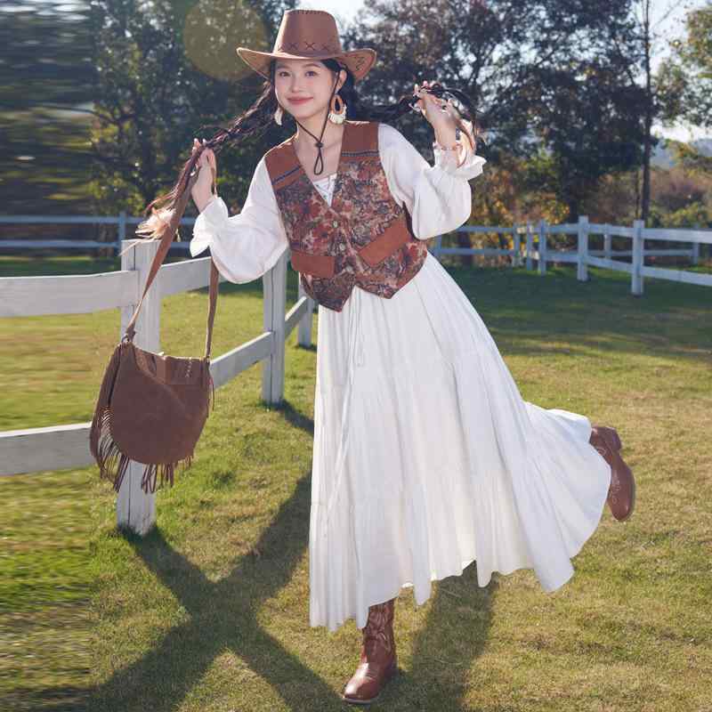 ベスト レディース レトロ 油絵風プリント スエード調 ノースリーブ ジレ エスニック デザイン 切り替..