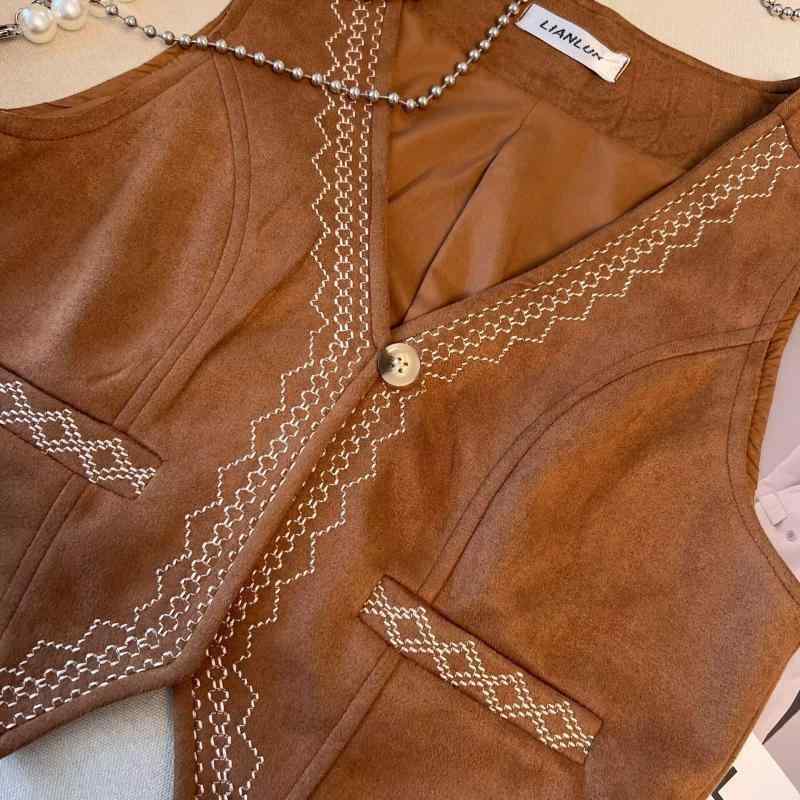 ベスト レディース ボヘミアン レトロ調 凝った刺繍 フェイクスエード ウエスタン調 ショート丈 ジレ Vネック ブラウン トップス 春夏