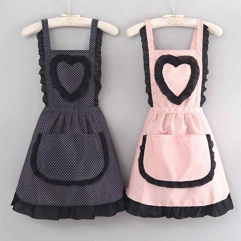 エプロン 男女兼用 かわいい フリル プリンセス風 Aライン ノースリーブ キャンバス生地 キッチン 肩紐 通気性 防汚 汚れ防止 韓国 ドット柄 フリーサイズ 黒 ピンク系