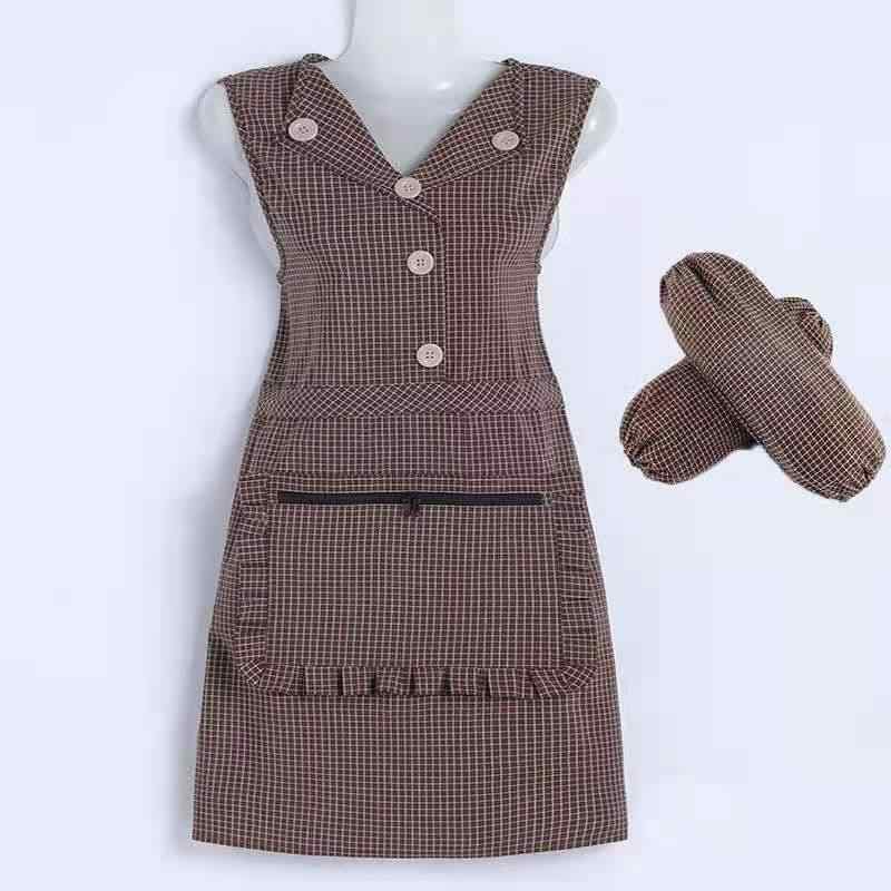 割烹着 レディース 女性用 エプロン 家庭用 キッチン 作業着 普段使い 帆布 コットン 防水 防汚 襟付き ジップアップ ビッグポケット シンプル 韓国 チェック ストライプ