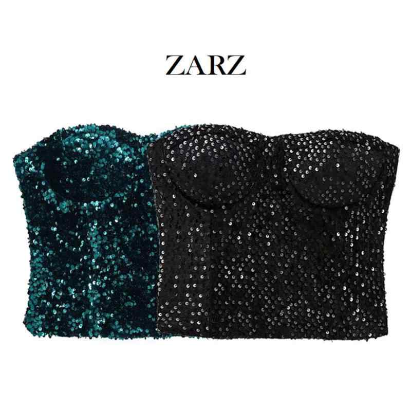 トップス レディース 欧米風 おしゃれ スタイリッシュ スパンコール装飾 華やか ベアトップ ビスチェ ショート丈 ポリエステル 微弾性 ブラック ダークグリーン 春夏
