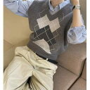 ベスト レディース 秋冬 韓国 レトロ アーガイル柄 ニット スクール風 重ね着 トップス Vネック ゆったり プルオーバー 配色デザイン ミドル丈 アセテート...