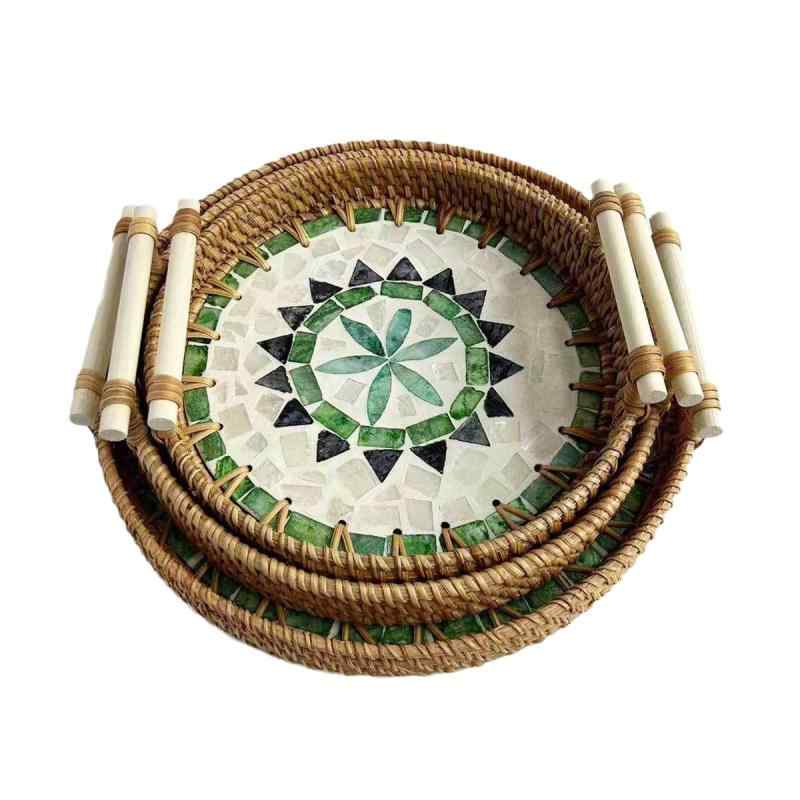 トレイ ベトナム藤編み ラタン 貝殻ハンドル シェル編み込み お菓子 スナック フルーツ パン 軽食 デザート ティーセット 収納バスケット かご おしゃれ ナチュラル アジアン レトロ インテリア ディスプレイ