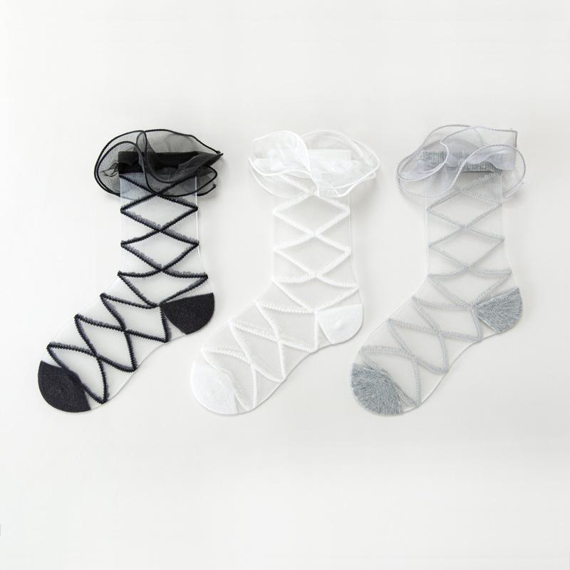 ソックス 女の子 ガールズ ロリータスタイル フリル レース リボン クロスデザイン シアー 薄手 透明感 ナイロン かわいい ガーリー 春夏 クルー丈 通気性 涼しい 無地