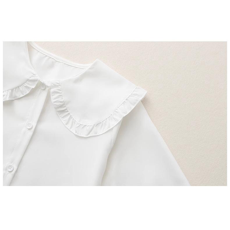 ・カテゴリ: キッズシャツ・性別: 女児・スタイル: 韓国・ネックライン: ドールカラー・加工: 柔軟加工・袖丈: 長袖・柄: 無地・デザイン: 開襟・主な素材: 綿・カラー展開: ホワイト・サイズ展開: 110cm、120cm、130cm、140cm、150cm、160cm