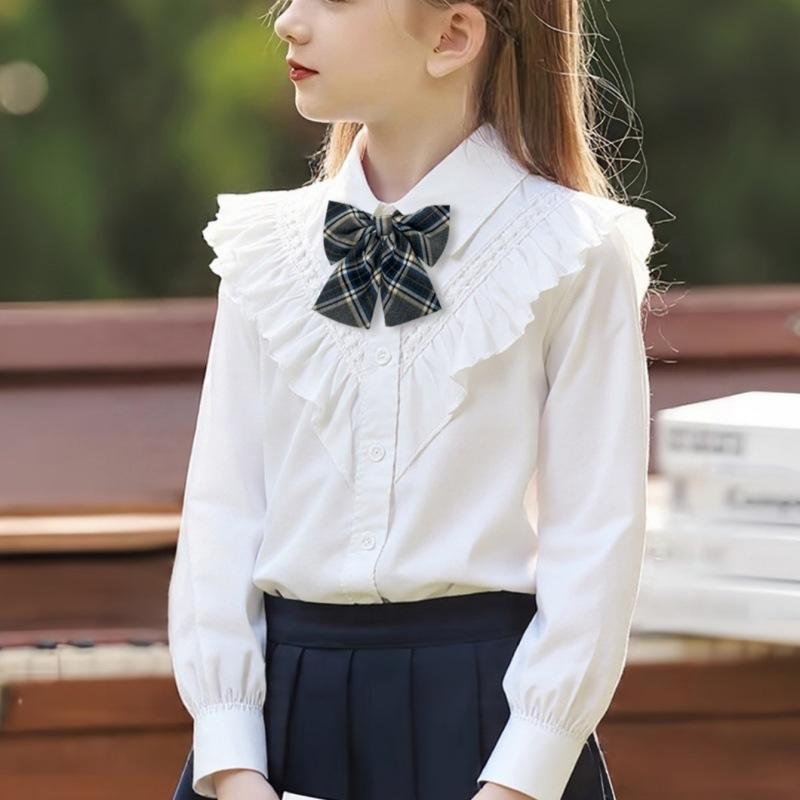 シャツ 女の子 子供 白 ホワイト 長袖 コットン 綿 無地 襟付き テーラードカラー スクール 学生 学校..