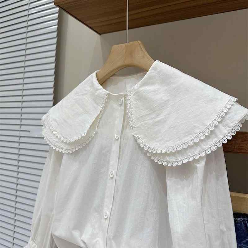 ブラウス ガールズ キッズ 女の子 長袖 パフスリーブ フリル襟 レース スイート かわいい プレッピー スクール風 エレガント ラビットファー混 無地 ホワイト 秋冬 普段使い 通学 デイリー
