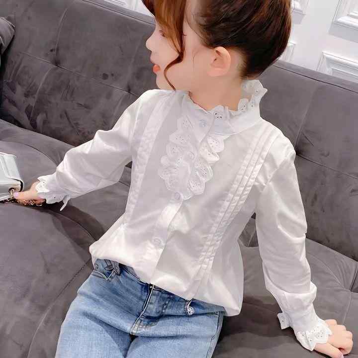 ブラウス 女の子 キッズ 長袖 レースフリル メロー加工 丸首 プリンセス風 ガーリー スウィート インナー コットン 薄手 柔らかい 快適 シンプル 春秋 お出かけ