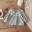 ベビー 女の子 セットアップ 春秋 インスタ風 韓国 チェック柄 レース襟 長袖 ブラウス サロペットスカート 綿 やわらか素材 2点セット