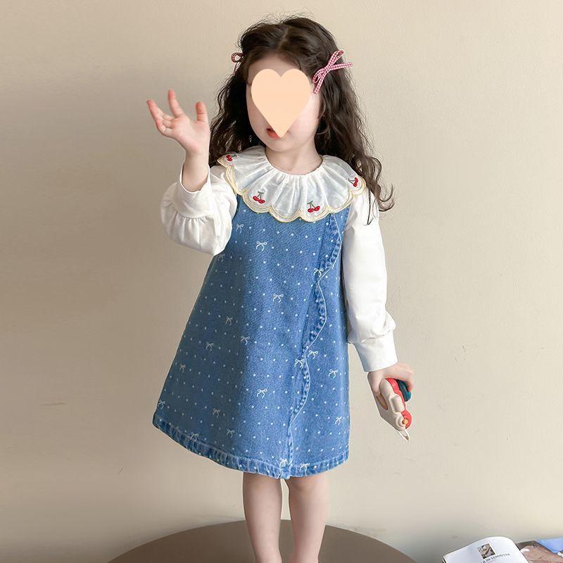 子供服 女の子 ジュニア デニム ジャンパースカート ドールカラーシャツ 長袖 2点セット 韓国 カジュア..