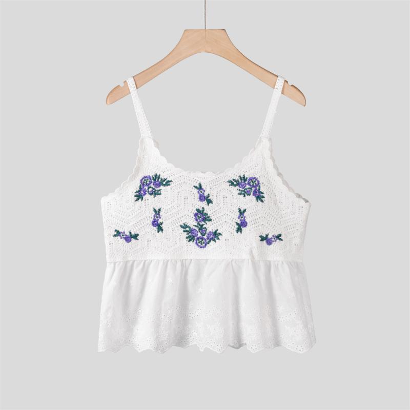 トップス レディース 刺繡 透かし編み ニット ショート丈 ノースリーブ キャミソール タンクトップ イ..