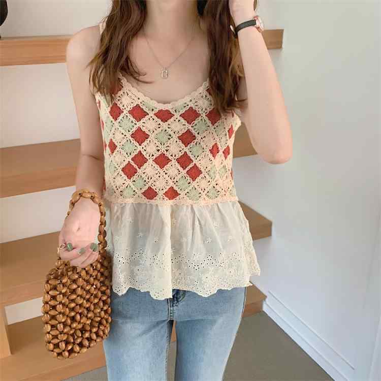 トップス レディース キャミソール タンクトップ ボヘミアン エスニック 民族風 刺繍 透かし編み ニッ..