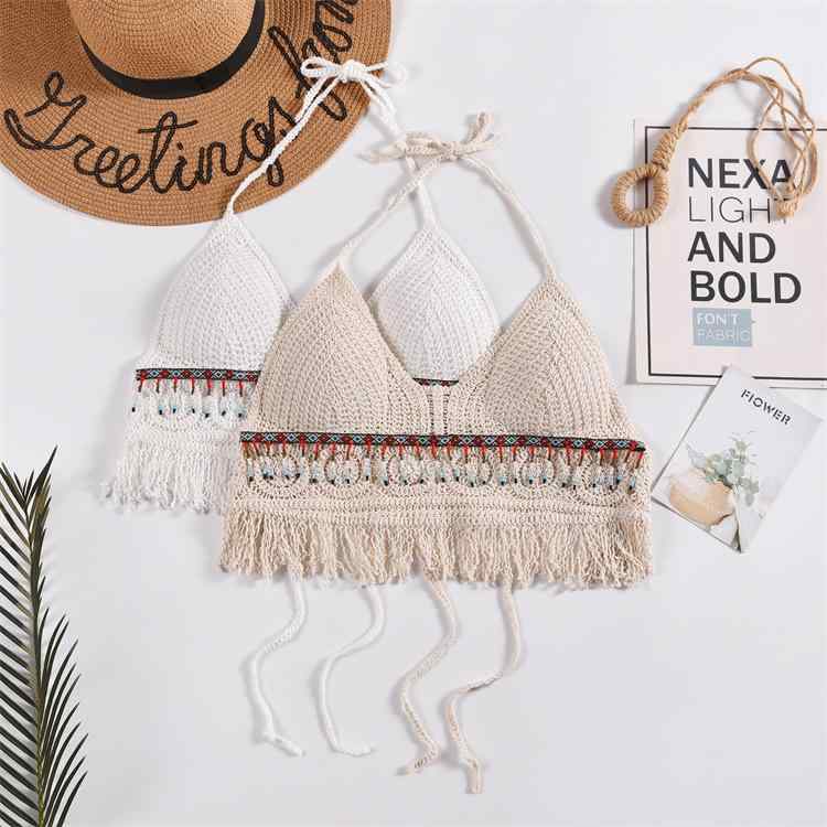 タンクトップ レディース ホルターネック ボヘミアン 民族風 エスニック ショート丈 透かし編み 刺繍 ..