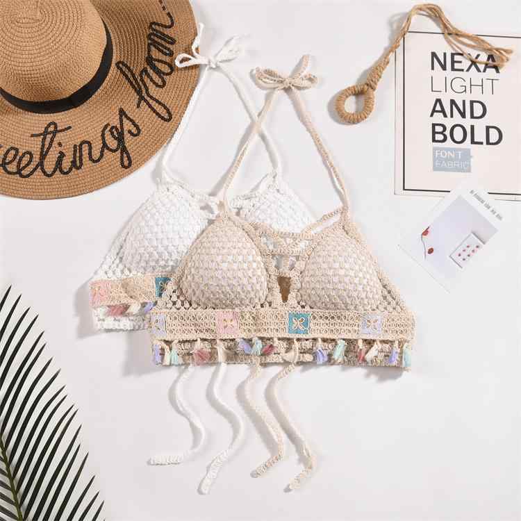 水着 レディース ホルターネック ビキニトップ クロシェ編み 刺繍 ショート丈 ボヘミアン エスニック タイアップ 肌見せ スリムフィット クロップド丈 コットン ノンストレッチ かわいい フェミニン 春夏