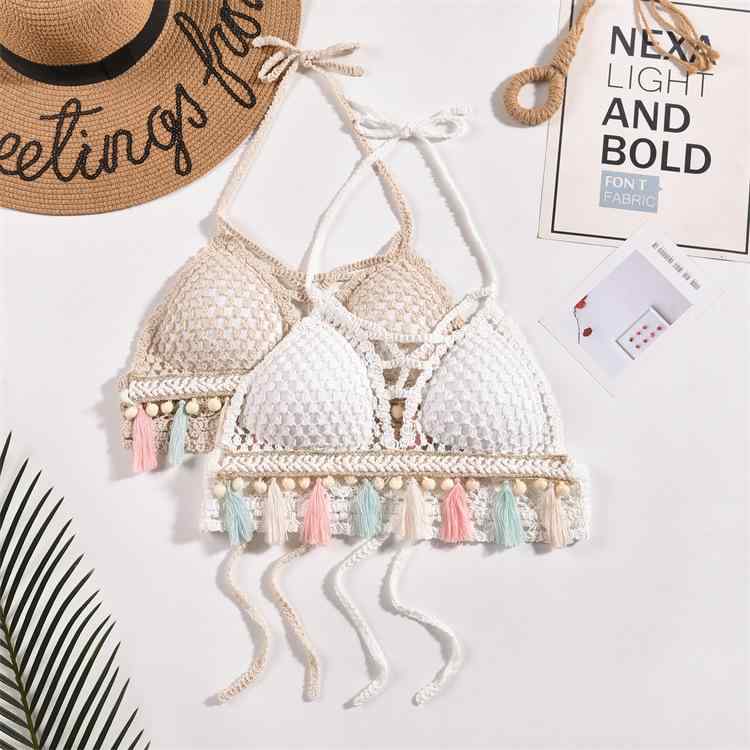 水着 レディース スイムウェア ボヘミアン エスニック風 ホルターネック 透かし編み 刺繍 ブラトップ ..