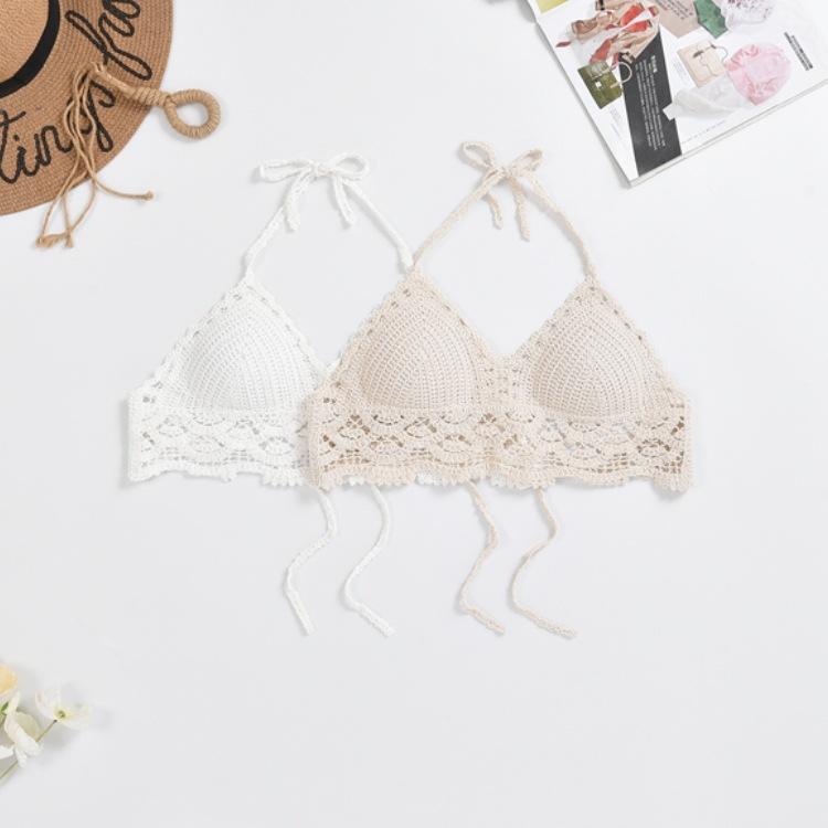 水着 レディース ホルターネック 透かし編み ブラトップ ショート丈 ボヘミアン エスニック 刺繍 幾何..