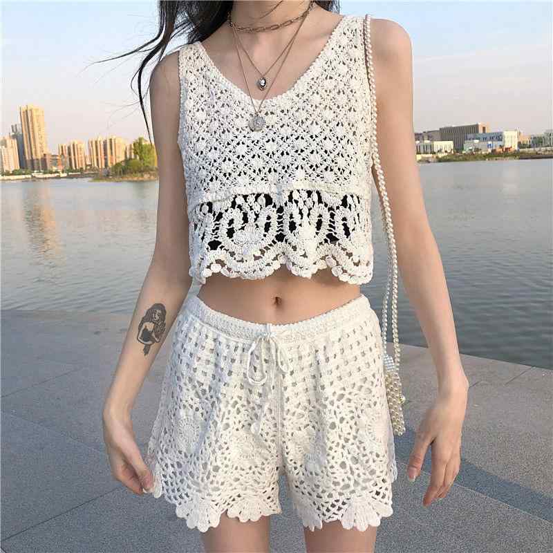 セットアップ レディース ホルターネック ニットキャミソール ショートパンツ 刺繍 幾何学模様 かぎ編..