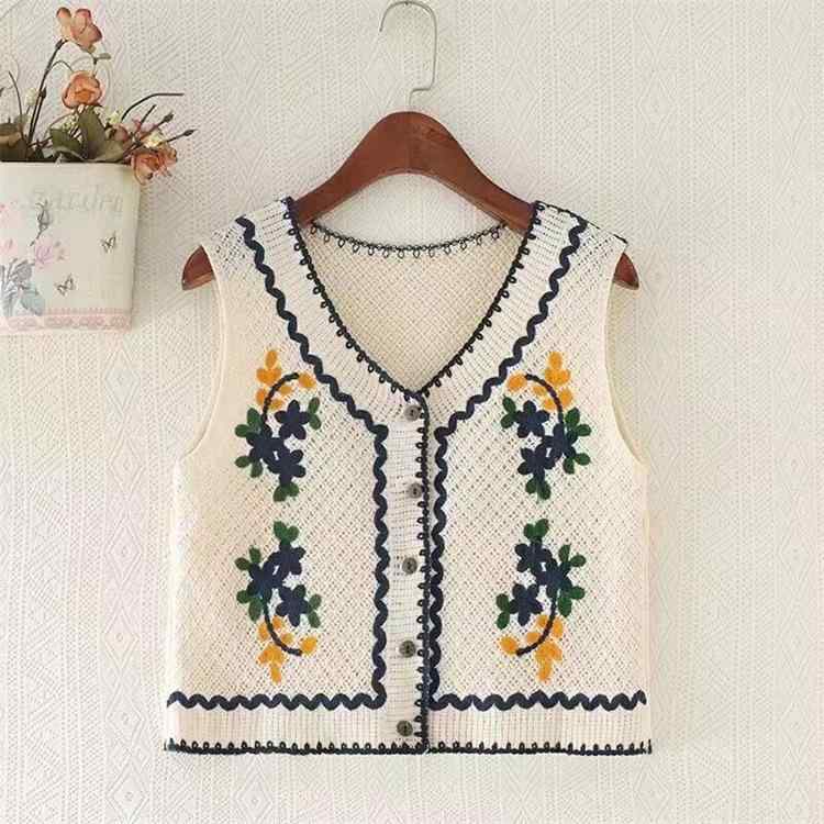 ニットベスト レディース エスニック 刺繡 花柄 透かし編み ショート丈 Vネック 開襟 コットン レトロ カジュアル トップス ジレ 春夏