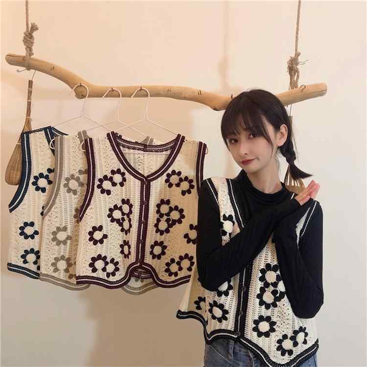 ベスト レディース Vネック ノースリーブ ショート丈 前開き ニット 綿 刺繍 花柄 民族風 エスニック ..